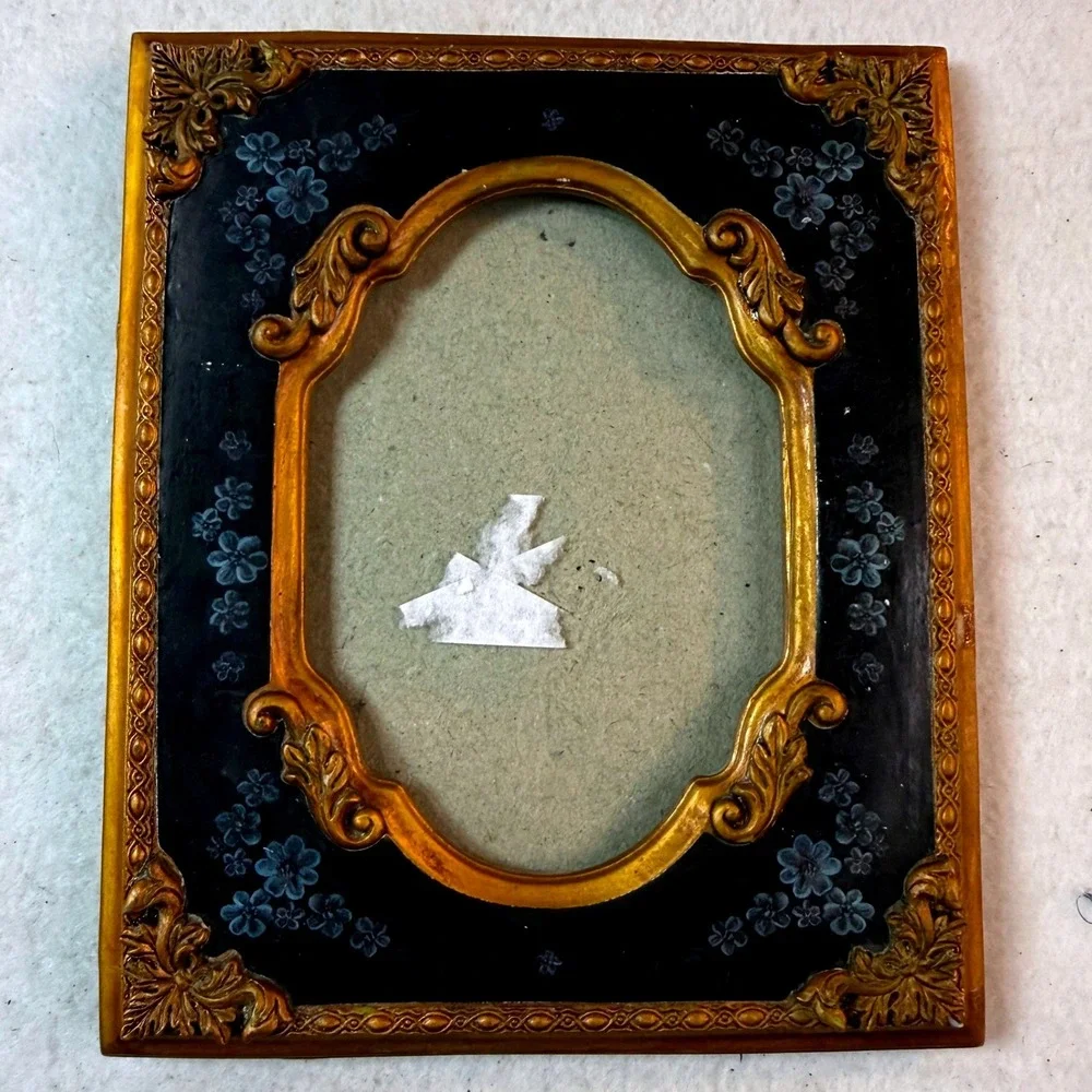 Vintage Ornate Gold Navy Floral Picture Frame Hollywood Regency French Decor
